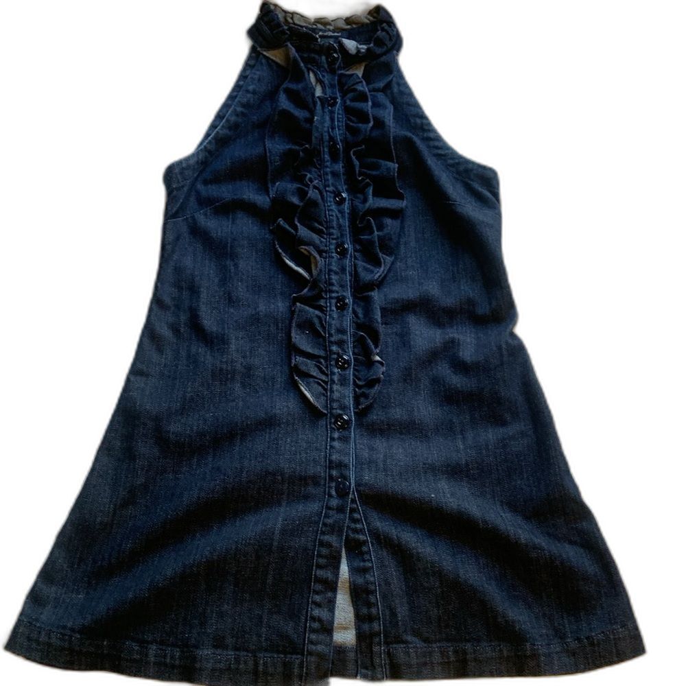 7 For All Mankind Dark Denim Ruffle Halter Mini Dress - Picture 2 of 9